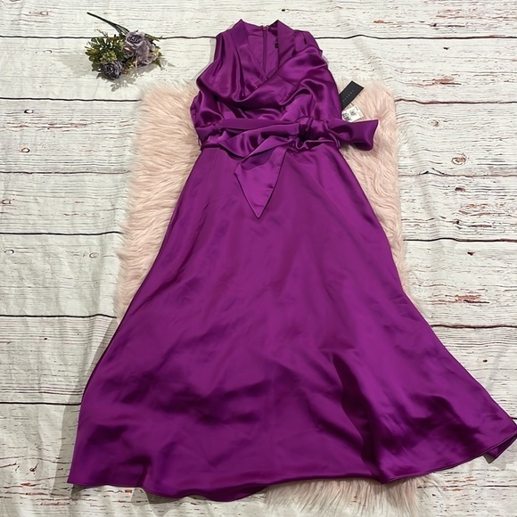 NWT Aidan Mattox Magenta Purple Satin Cowl Neck Cocktail Midi Dress - Picture 3 of 13